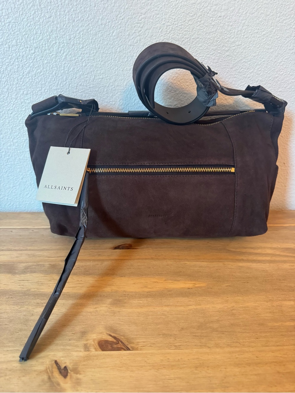 AllSaints Brown Suede Shoulder Bag with Gold Zip